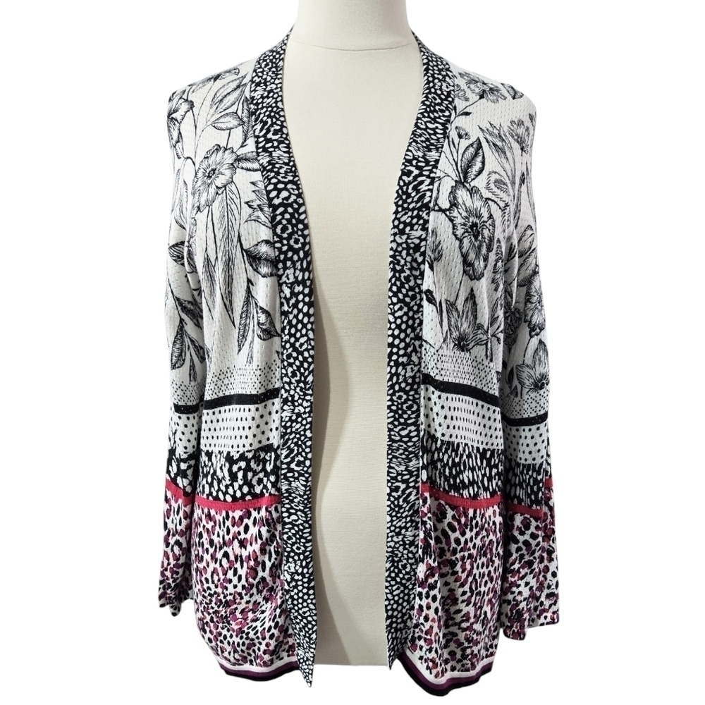 Foxcroft Florence Mixed Print Floral Cheetah Open Front Lightweight Cardigan